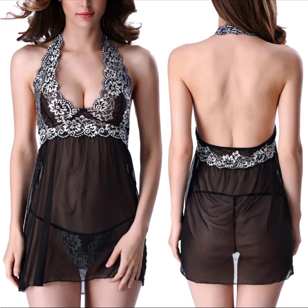 Black Sexy Lingerie Embroidery Halter Babydoll Lace Chemise Nightgown Small - Picture 1 of 2